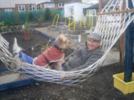 lucky lets me share his hammock in the allotment